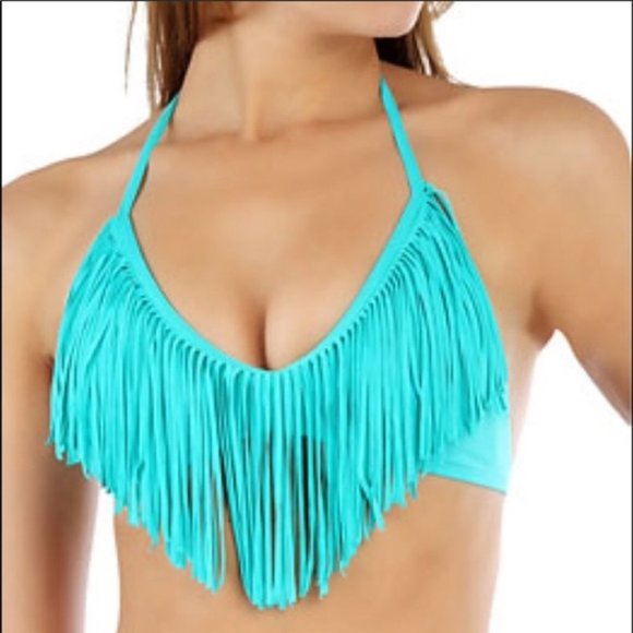 L*Space Audrey Aqua/Teal Fringe Halter Bikini - Picture 2 of 9